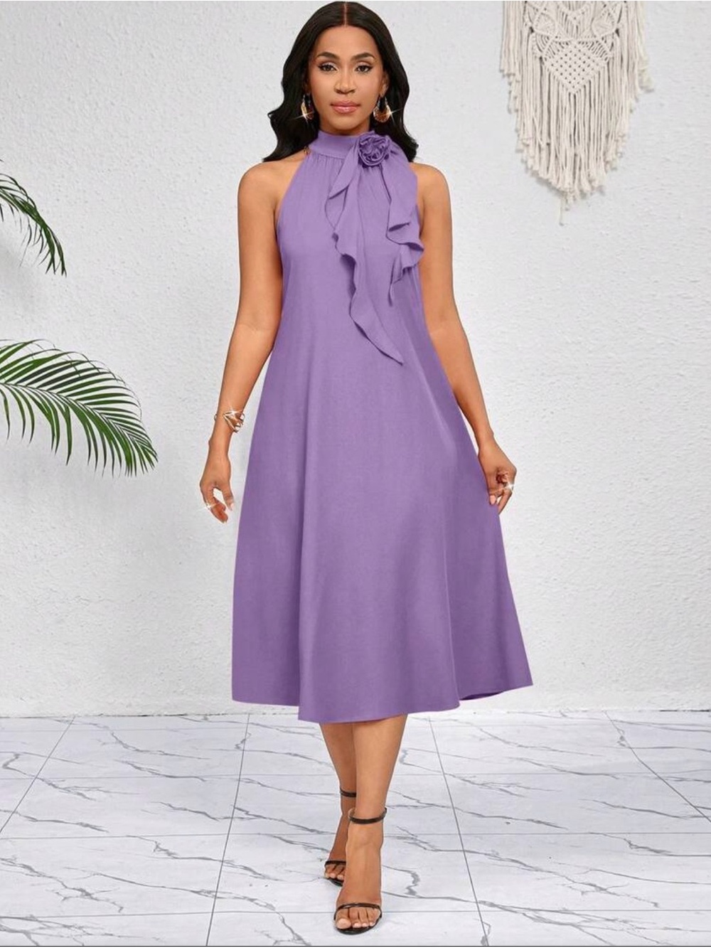 SHEIN Lilac Floral Halter Midi Dress | Flowing A-Line Dress | Size M (Estimated)